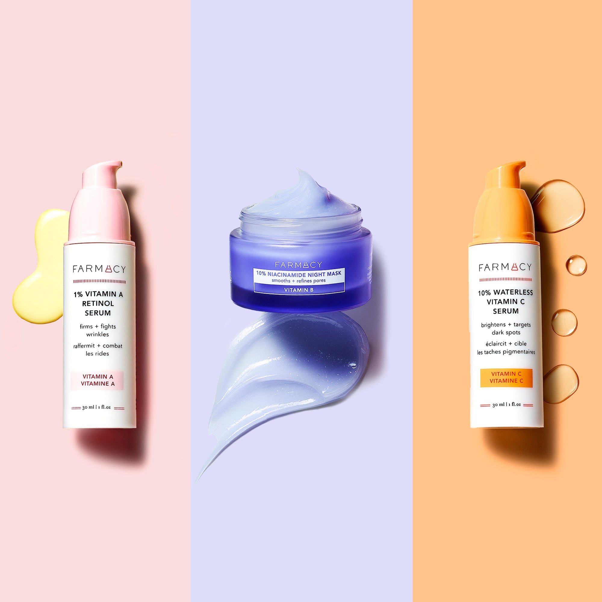 Three products next to each other, 1% Vitamin A Retinol Serum, 10% Niacinamide Night Mask, and 10% Waterless Vitamin C Serum on a tri color background