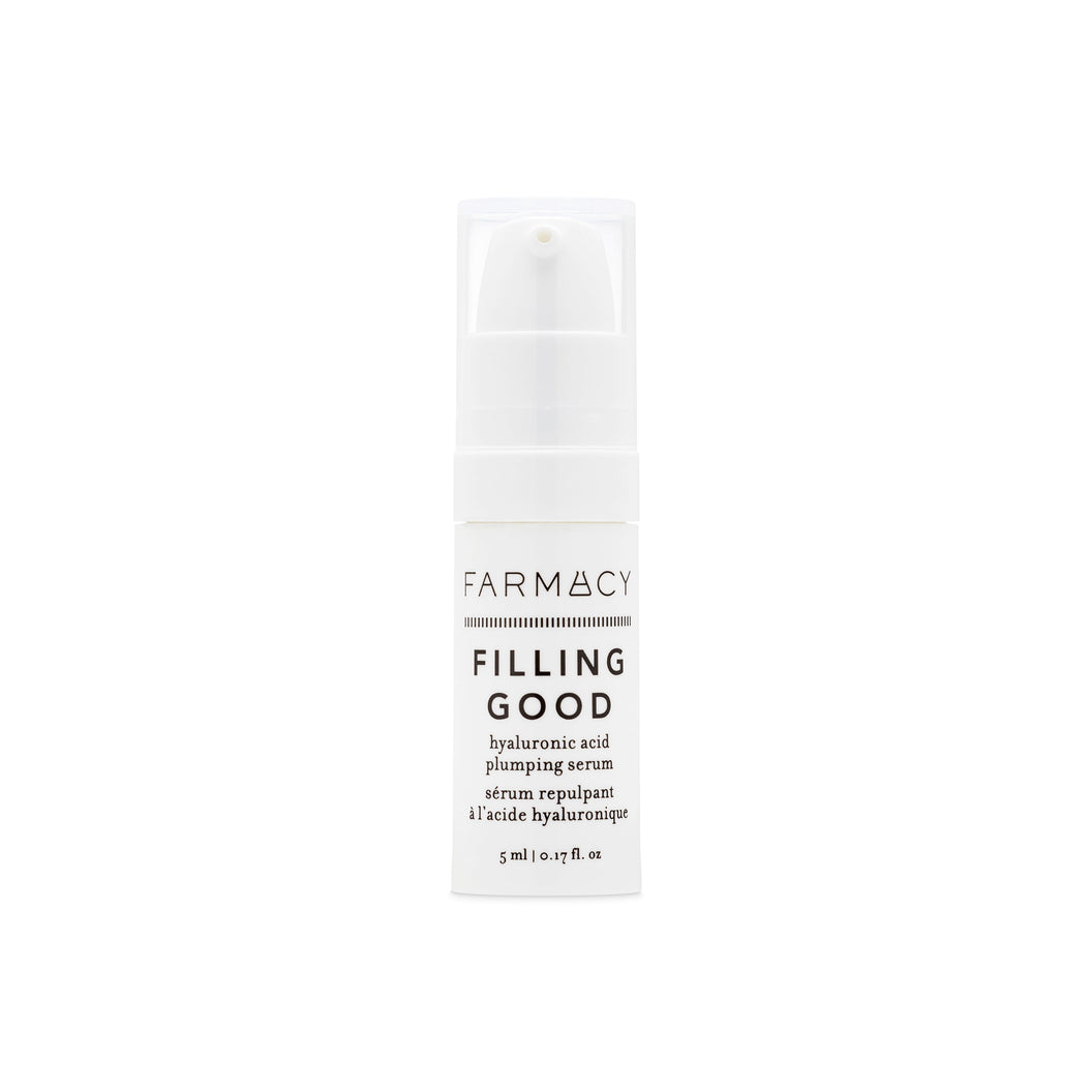 A bottle of Farmacy's Filling Good Mini Hyaluronic Acid Plumping Serum