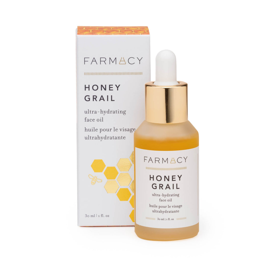 A box and bottle of Farmacy's Honey Grail Hydrating Face Oil
