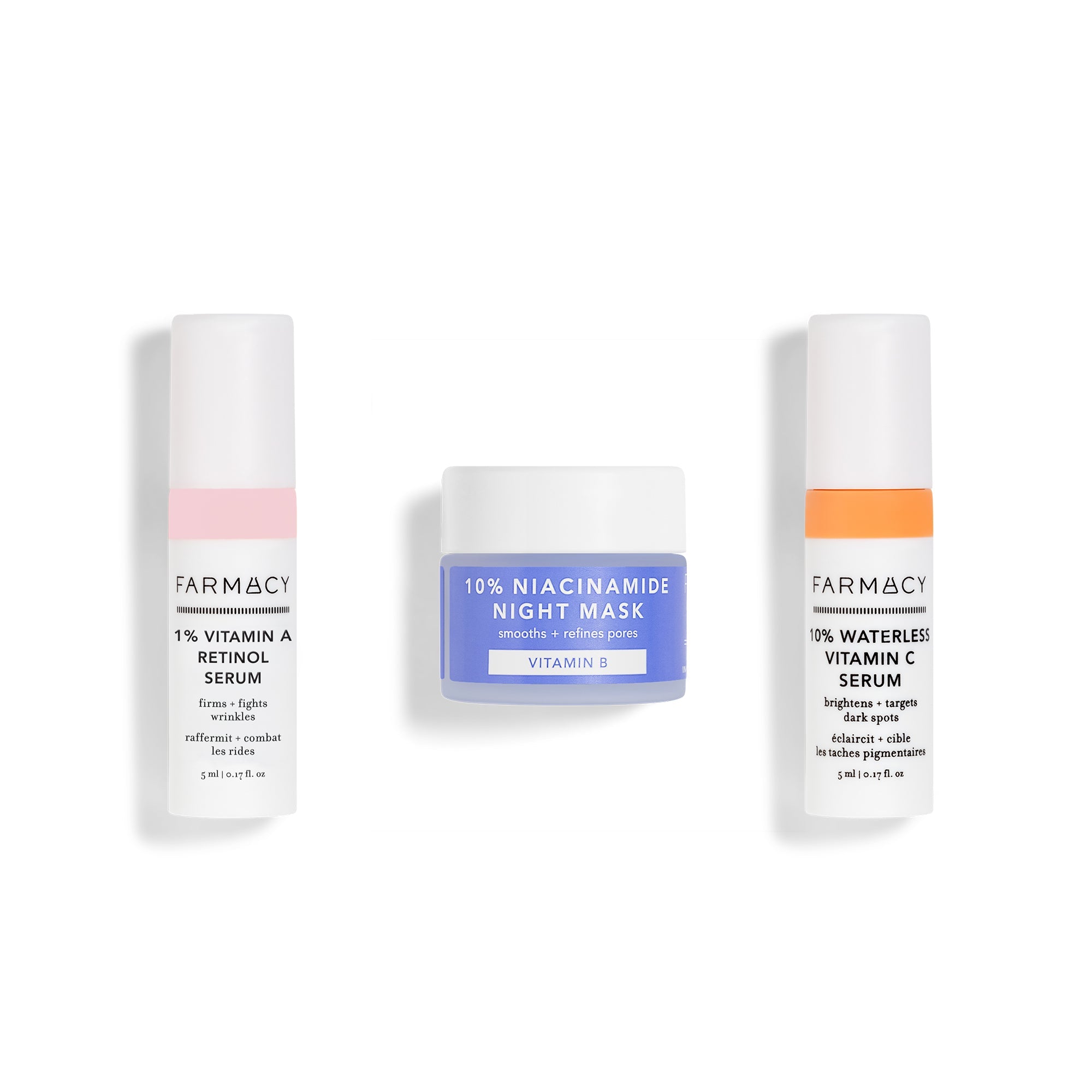 Three products next to each other, 1% Vitamin A Retinol Serum, 10% Niacinamide Night Mask, and 10% Waterless Vitamin C Serum on a white background