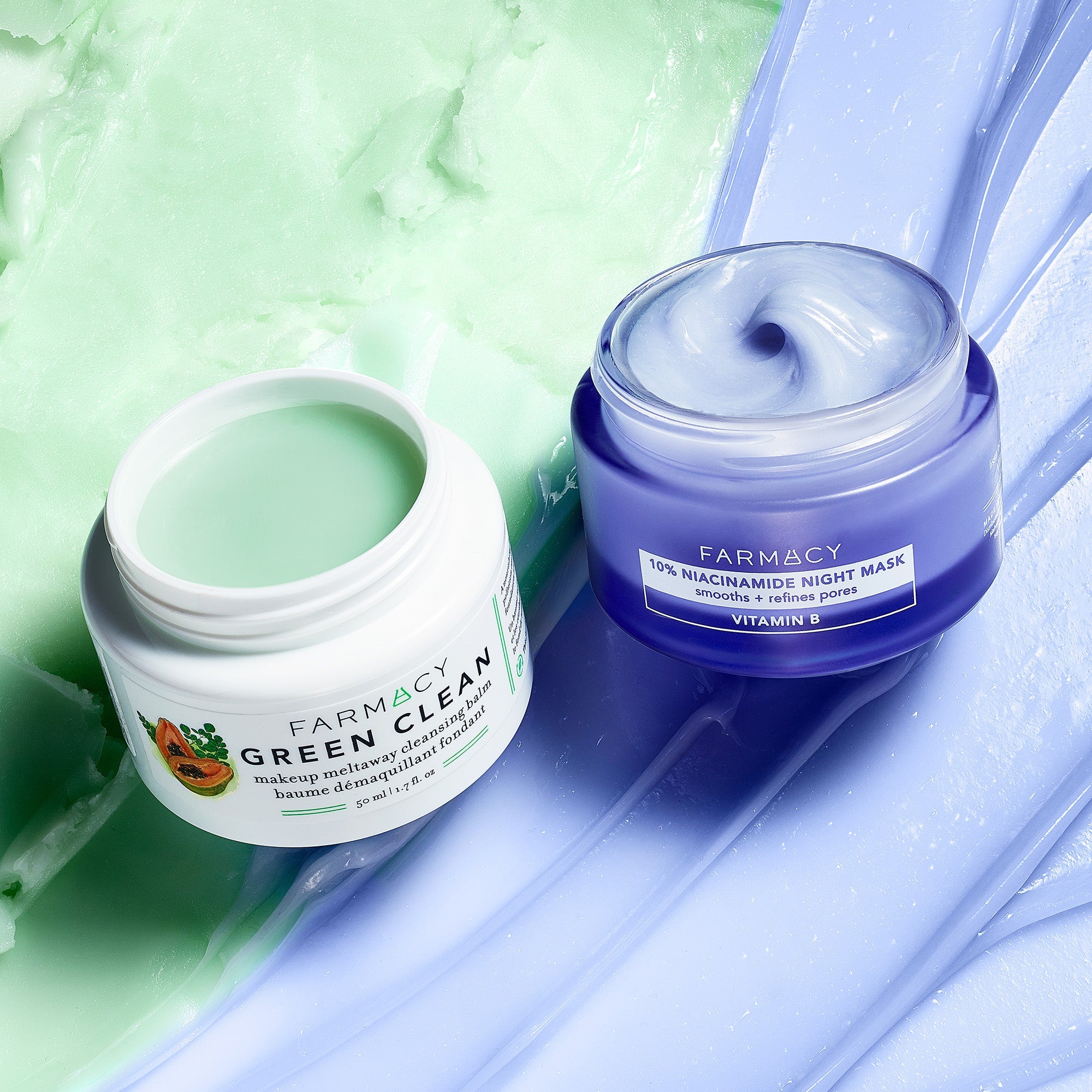 The Green Clean and 10% Niacinamide Night Mask sitting side by side